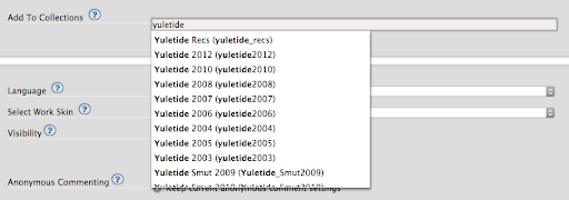 A palavra 'yuletide' foi inserida no campo Add To Collections e o preenchimento automático está mostrando opções de coleções como Yuletide Recs, Yuletide 2012, Yuletide 2010, etc. 
